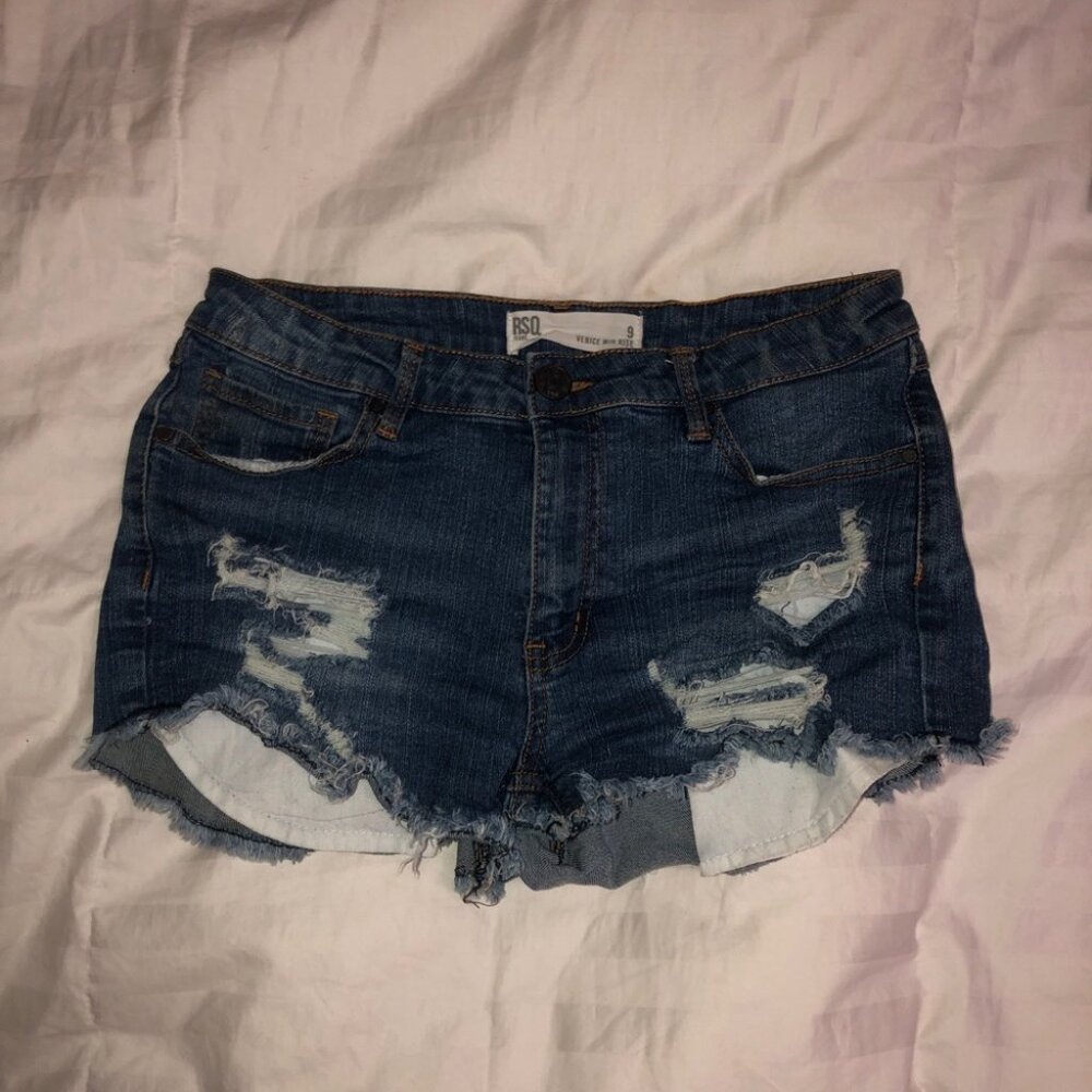 RSQ Venice Mid Rise Ripped Denim Shorts - Picture 2 of 3